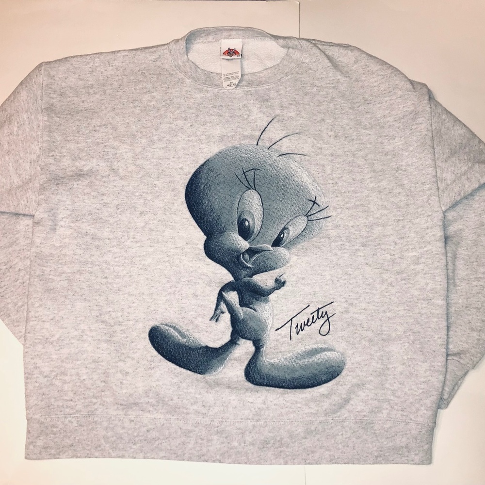 Vintage 90s Looney Tunes Tweety Bird Warner Bros Sweatshirt Kids Gray Black M/L